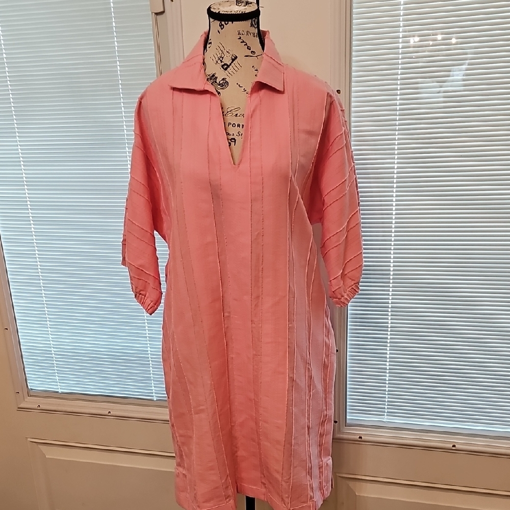 Relaxed Pink/Peach Collar V-Neck Women's Dress